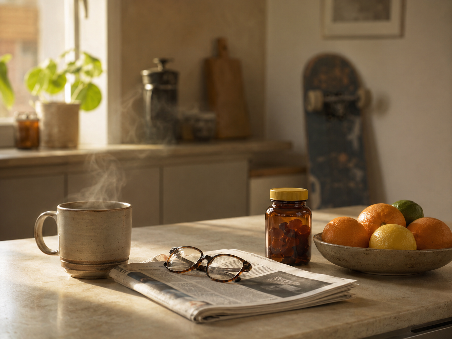 Warm kitchen counter still life with coffee, reading glasses, and a gummy jar sitting among everyday items, a dusty unused skateboard visible in the background