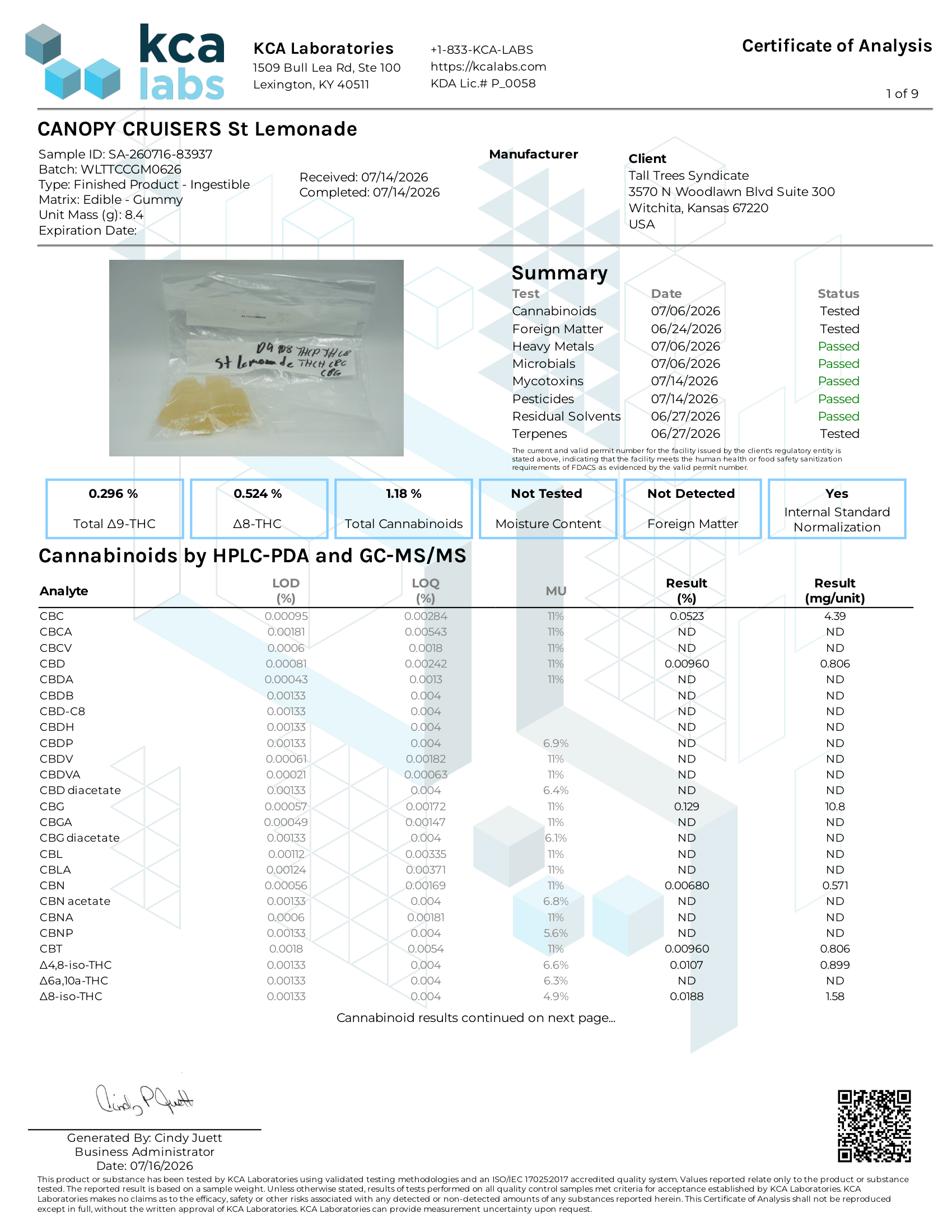 Certificate of analysis for Canopy Cruisers St Lemonade hemp gummies, batch WLTTCCGM0626, showing 0.296% Delta 9 THC and 1.18% total cannabinoids