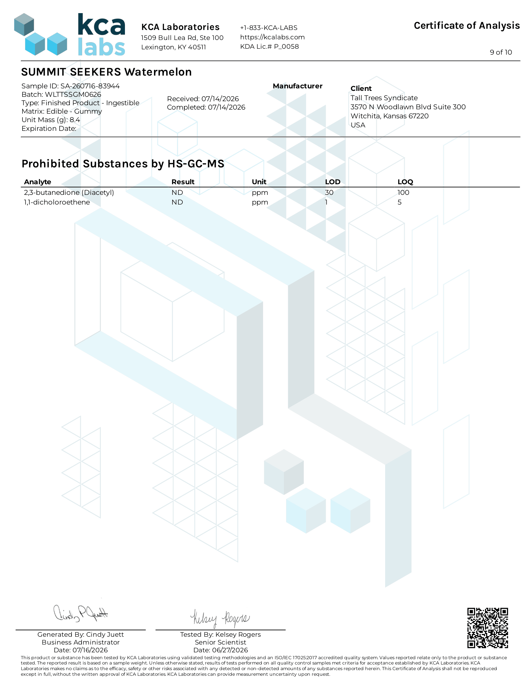 Kentucky state reporting limits reference sheet for Summit Seekers certificate of analysis