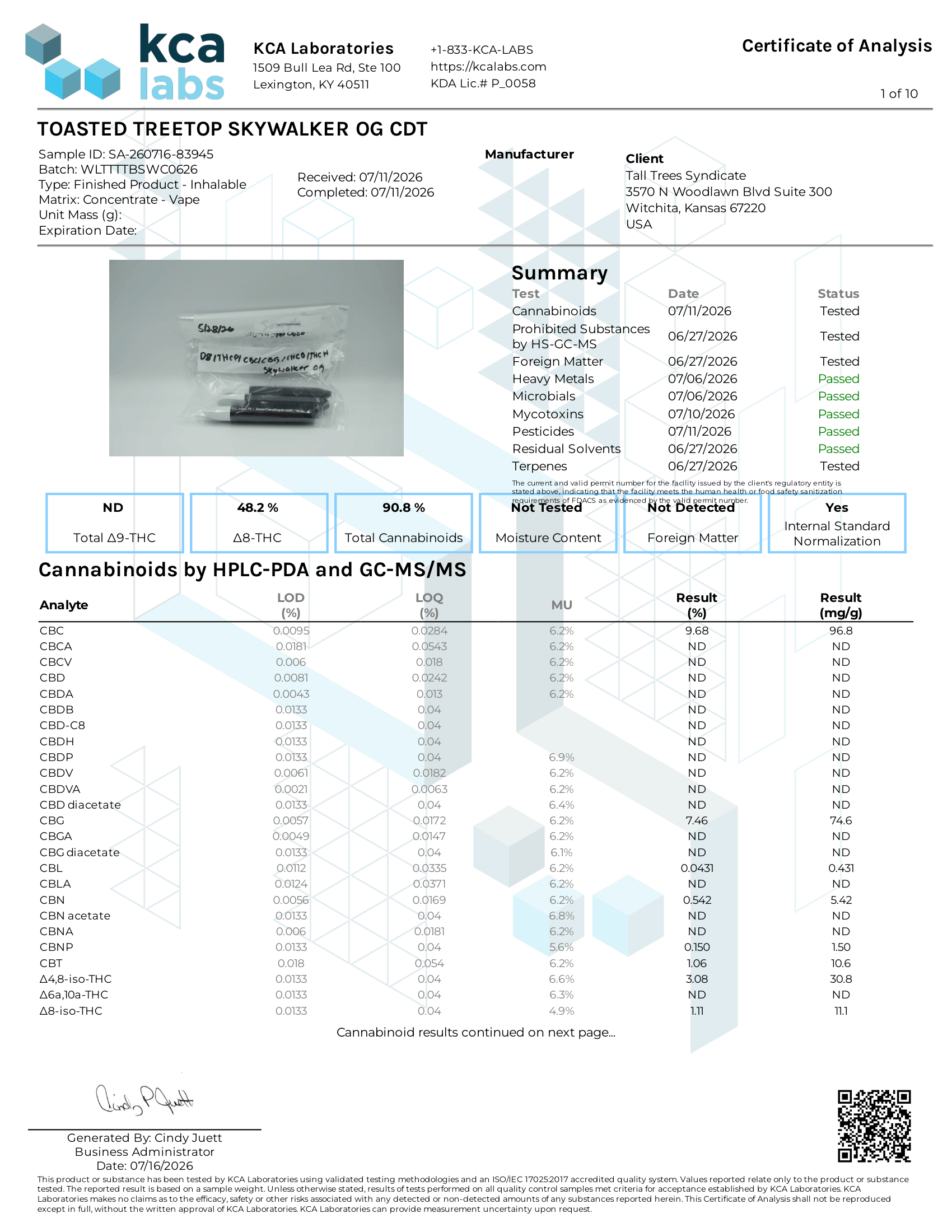 Certificate of analysis summary for Toasted Treetop Blend Skywalker OG disposable, batch WLTTTTBSWC0626, 48.2 percent Delta 8 THC and 90.8 percent total cannabinoids