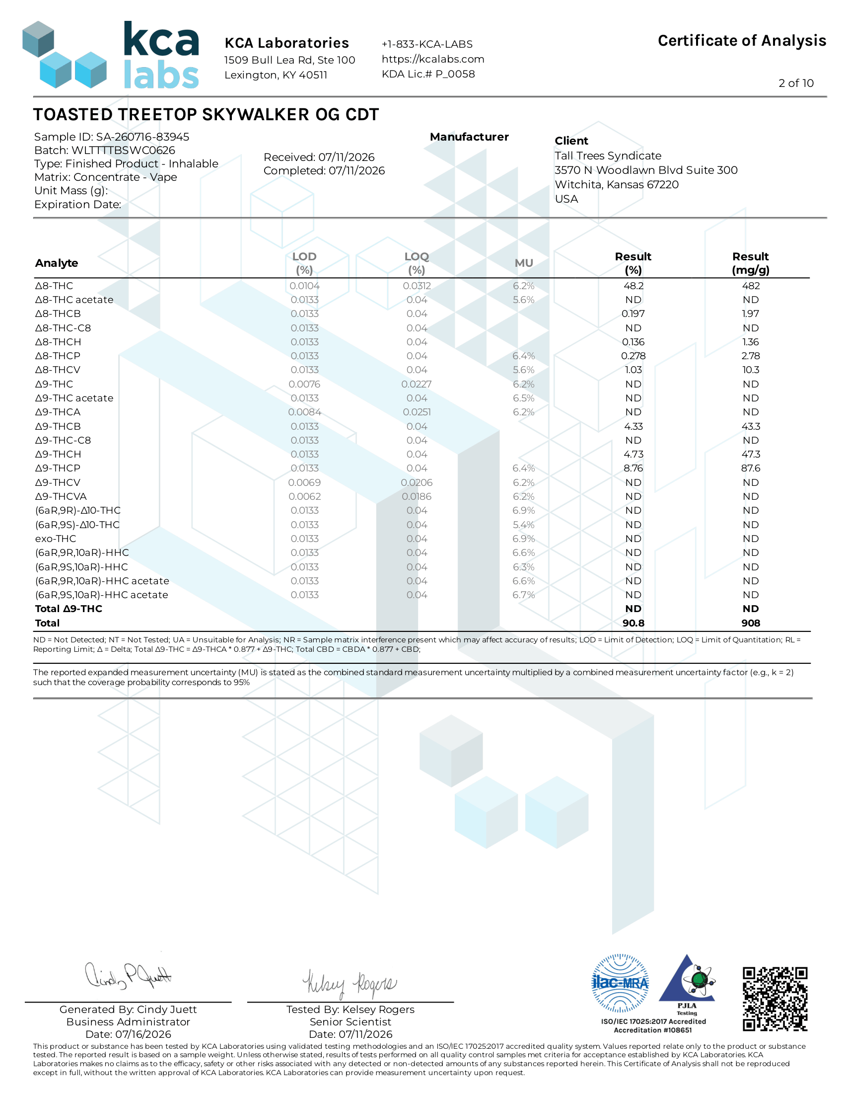 Full cannabinoid panel for Toasted Treetop Blend Skywalker OG vape, Delta 8 THC, THCP, and THCB results, lab tested by KCA Laboratories