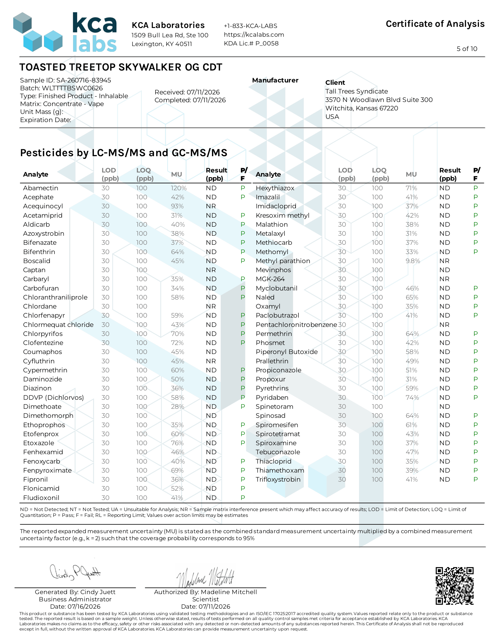 Pesticide screening results for Toasted Treetop Blend Skywalker OG cartridge, full panel not detected, passed KCA Laboratories testing