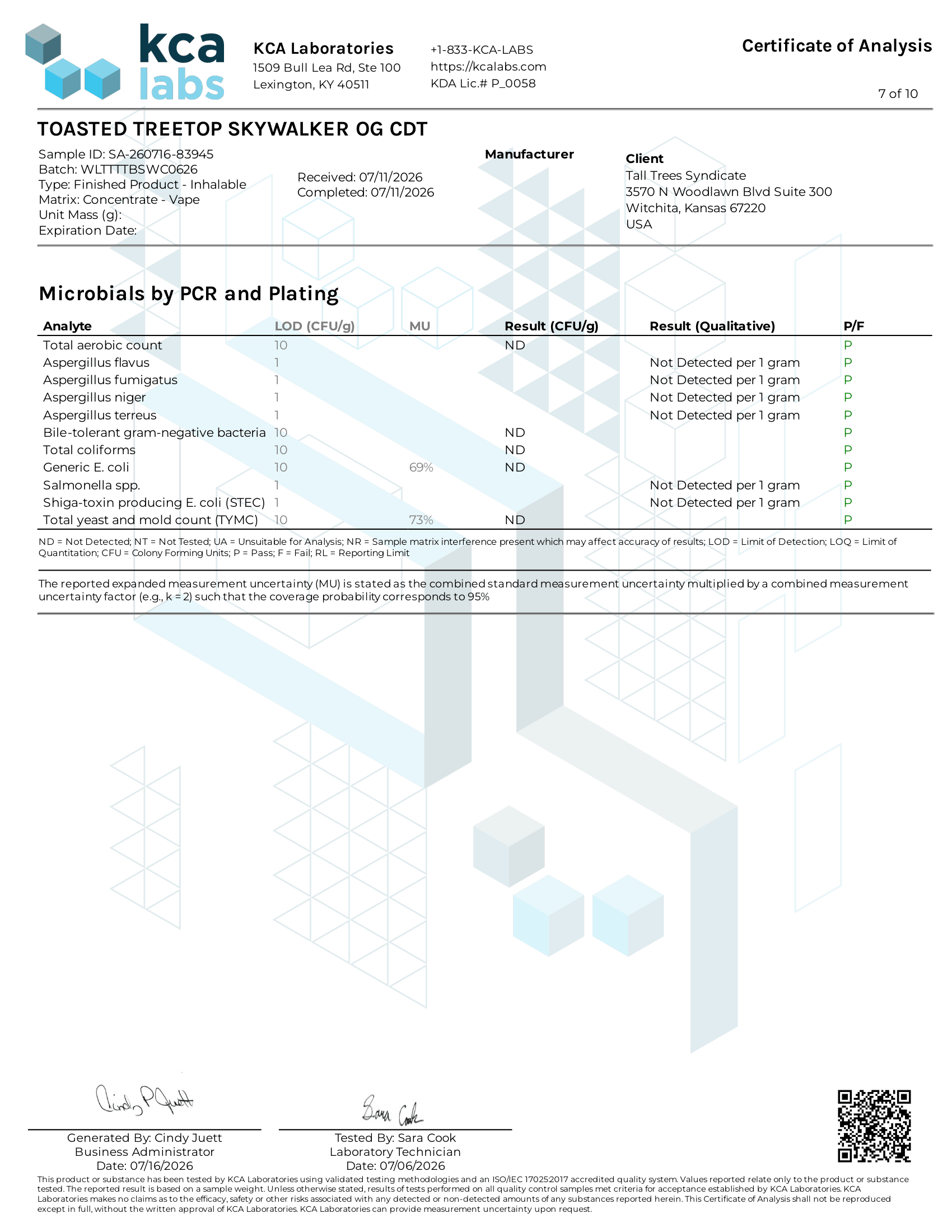 Microbial safety test for Toasted Treetop Blend Skywalker OG vape, salmonella and E coli not detected, passed