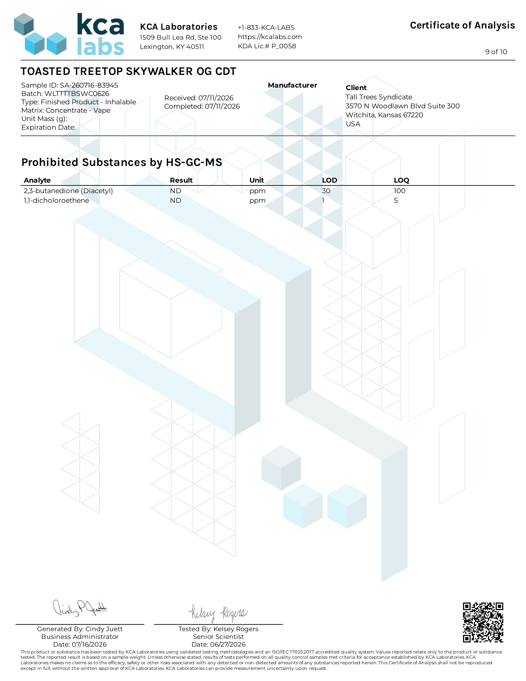 Prohibited substances test for Toasted Treetop Blend Skywalker OG vape, diacetyl and vape additive screening passed
