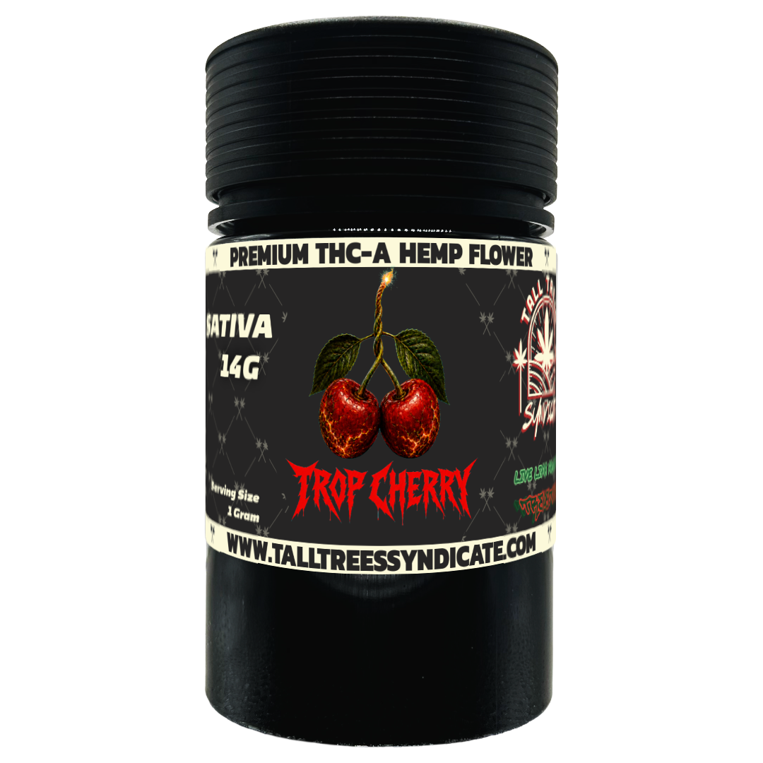 Tropical Cherry 14G THCA flower jar, angled view, THCA flower for sale